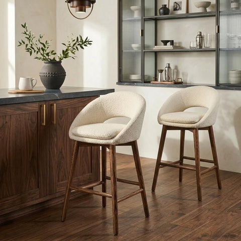 PRITI Home Cream Boucle Bar Stool with Dark Walnut Sheesham Wood Legs