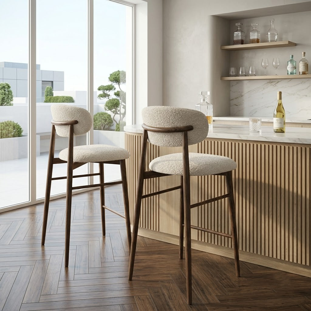 PRITI Home Cream Boucle Kitchen Stool Set of 2 with Dark Walnut Sheesham Wood