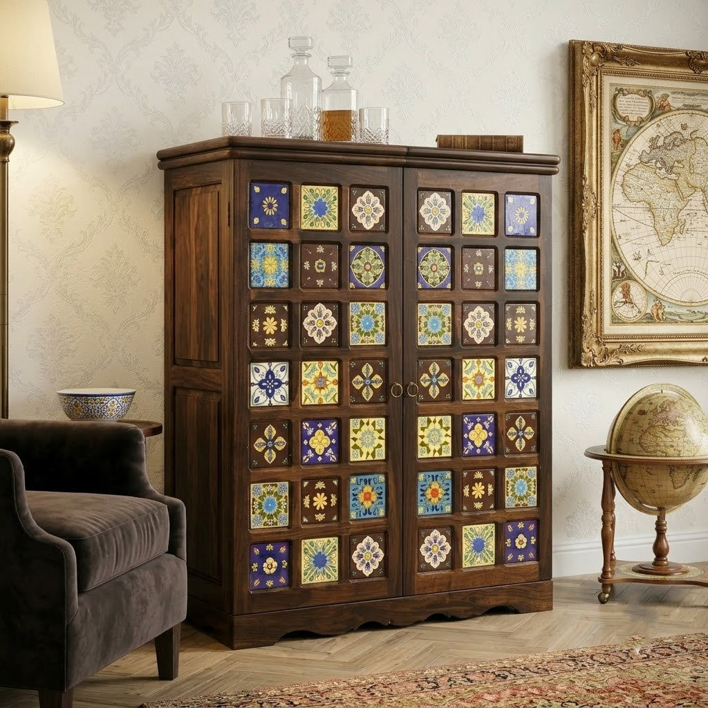 PRITI Home Dark Walnut Sheesham Wood Bar Cabinet | Handcrafted Wooden Home Bar Storage