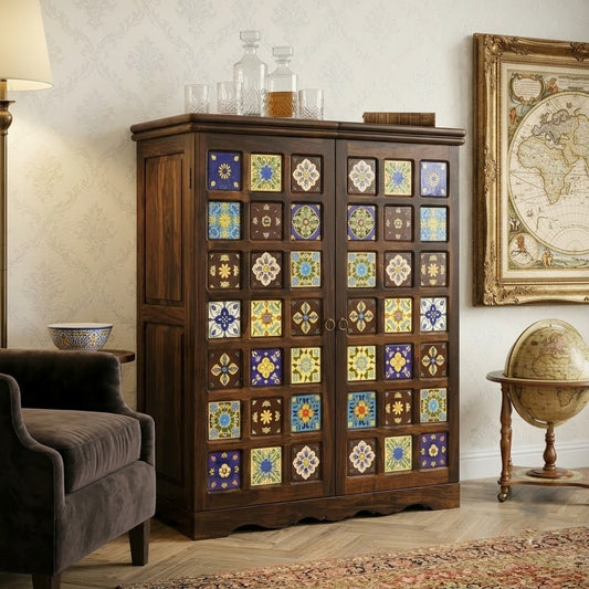 PRITI Home Dark Walnut Sheesham Wood Bar Cabinet | Handcrafted Wooden Home Bar Storage