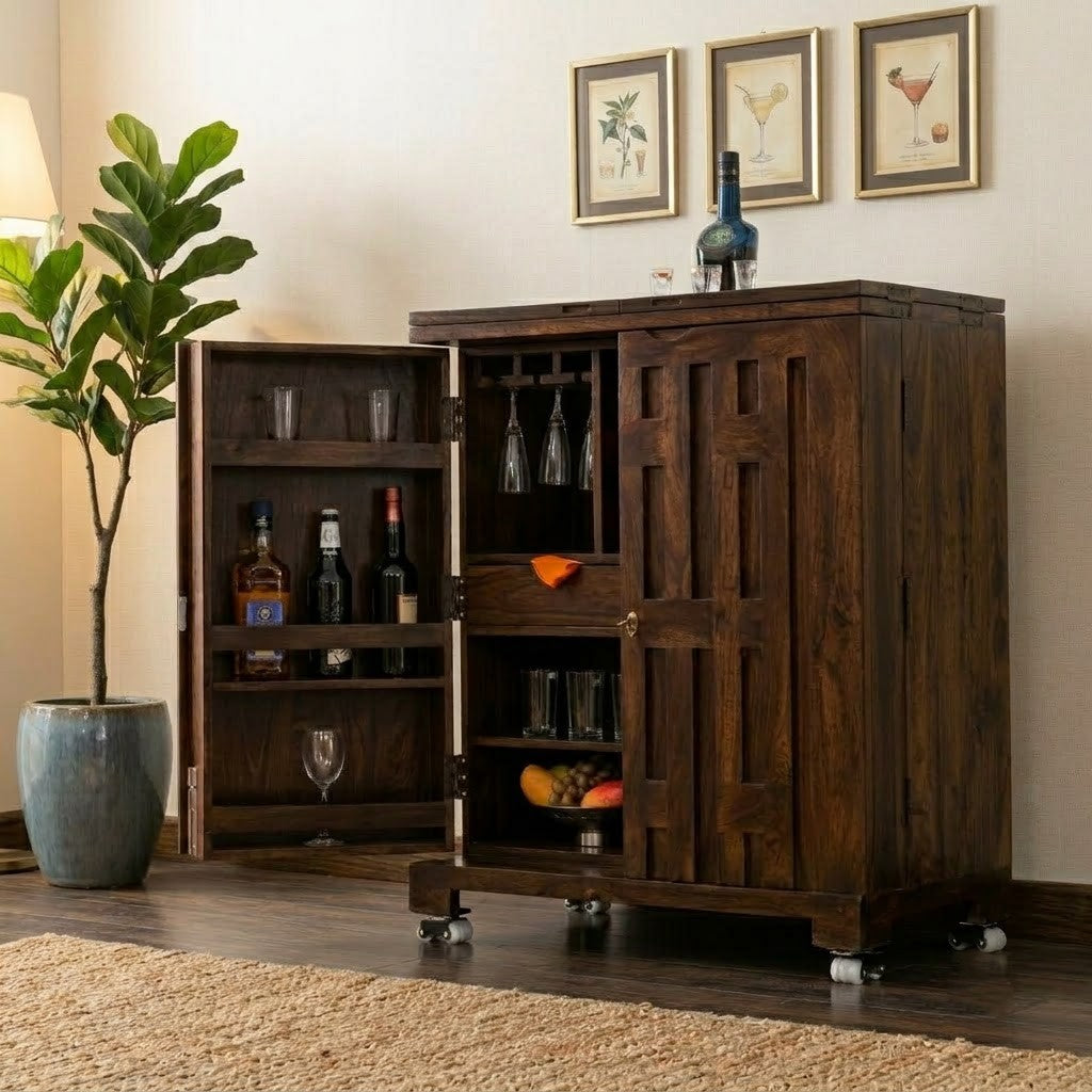 PRITI Home Dark Walnut Sheesham Wood Bar Cabinet | Home Bar Storage Cabinet