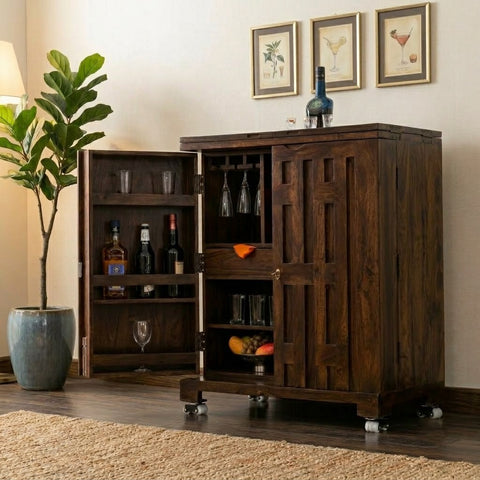 PRITI Home Dark Walnut Sheesham Wood Bar Cabinet | Home Bar Storage Cabinet