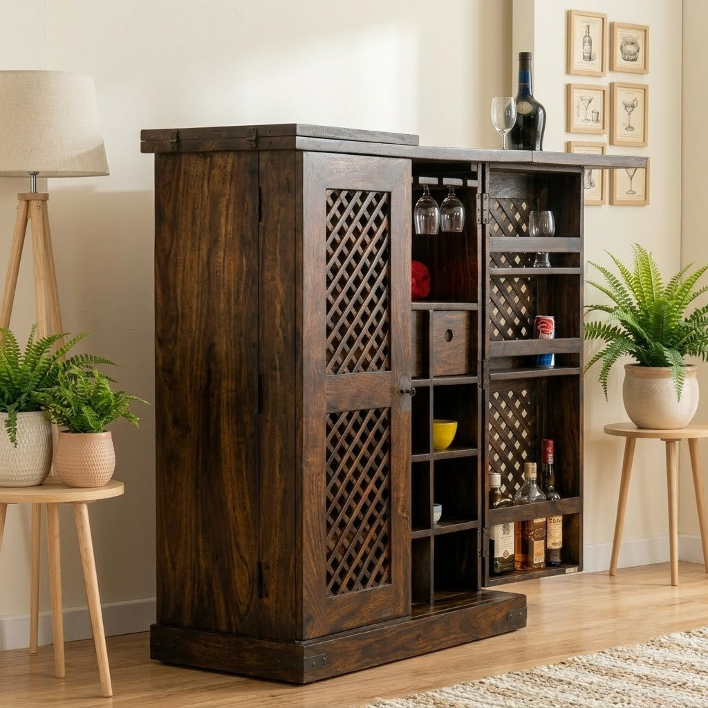 PRITI Home Dark Walnut Sheesham Wood Bar Cabinet | Wooden Home Bar Cabinet with Storage