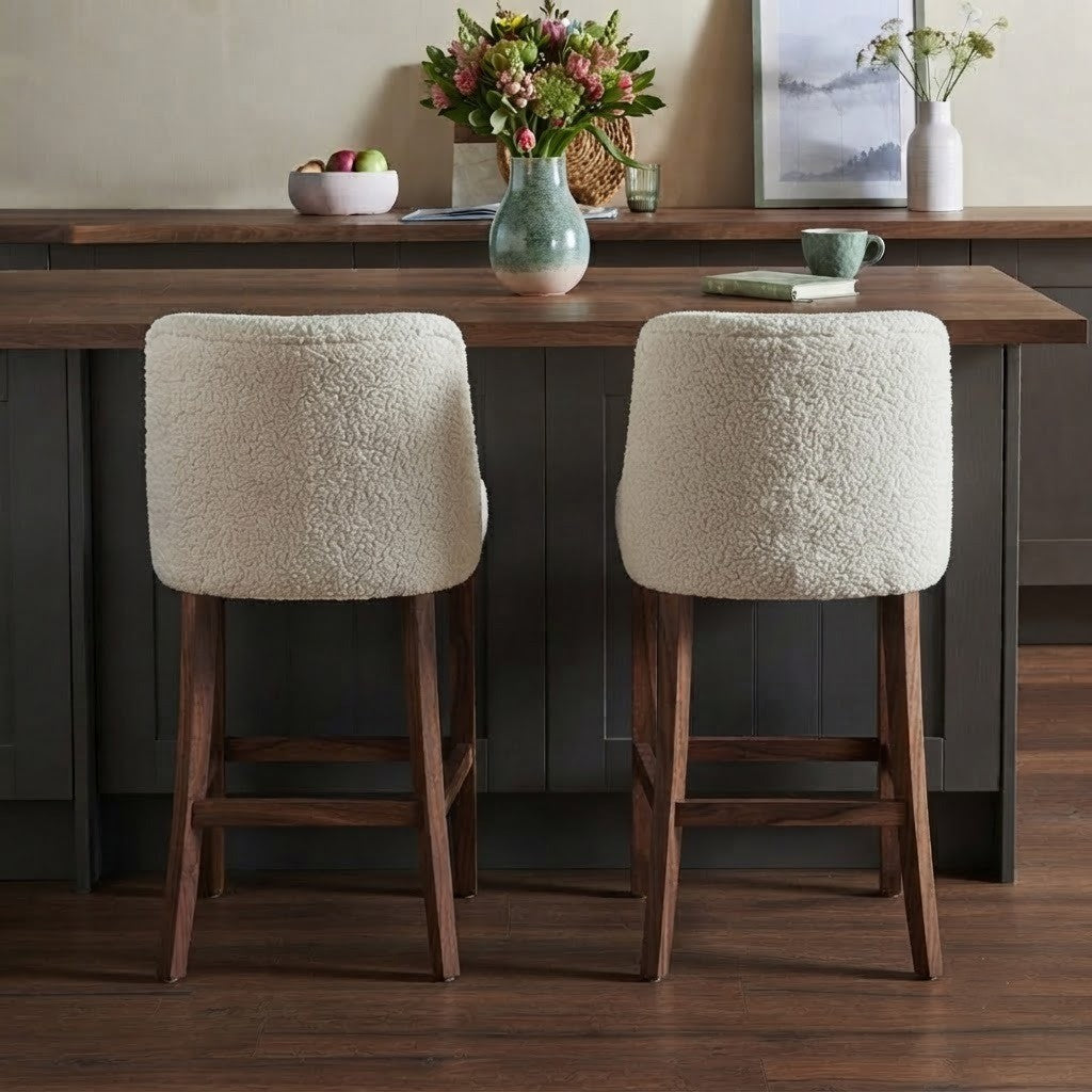 PRITI Home Dark Walnut Sheesham Wood Upholstered Bar Stool with Cream Boucle Seat