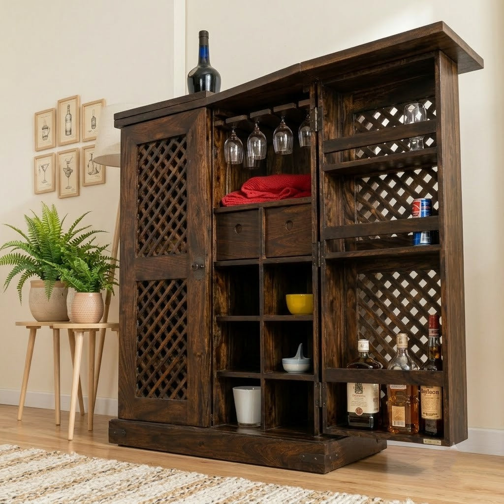PRITI Home Dark Walnut Wooden Bar Cabinet | Solid Wood Home Bar Storage & Liquor Cabinet