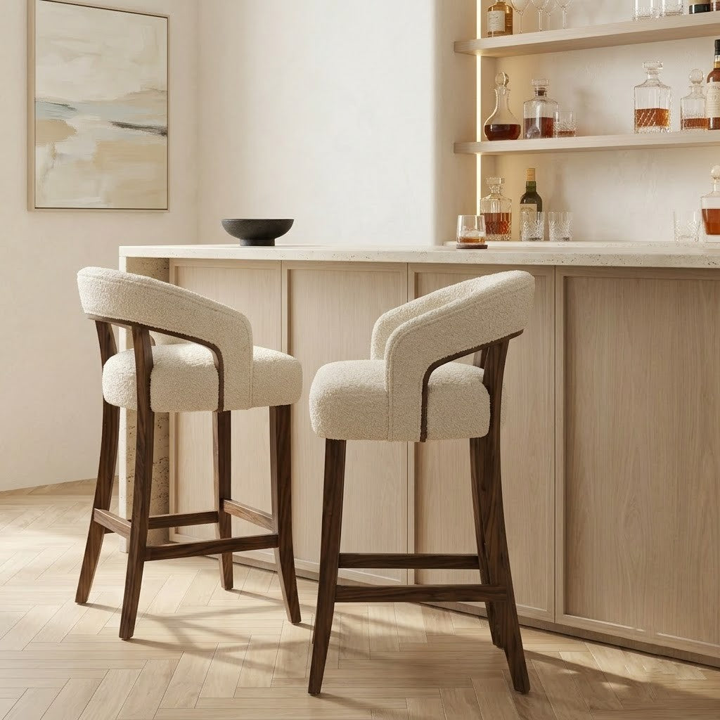 PRITI Home Designer Bouclé Bar Stool | Solid Sheesham Wood Counter Chair