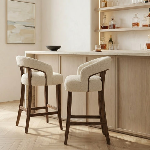 PRITI Home Designer Bouclé Bar Stool | Solid Sheesham Wood Counter Chair