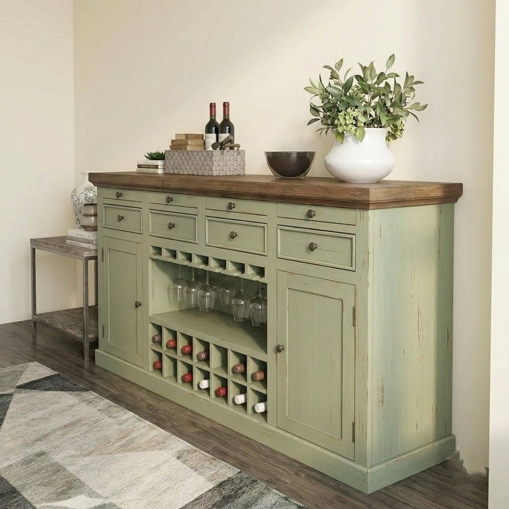 PRITI Home Farmhouse Bar Cabinet with Wine Bottle Rack & Glass Storage