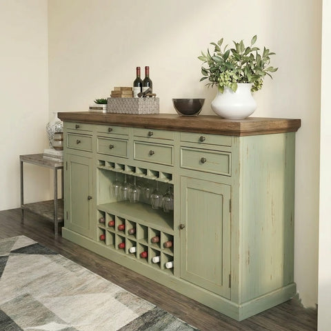 PRITI Home Farmhouse Bar Cabinet with Wine Bottle Rack & Glass Storage
