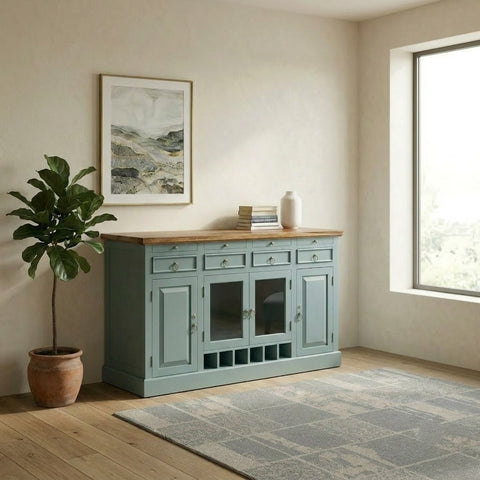 PRITI Home Farmhouse Wooden Bar Cabinet with Glass Storage Doors