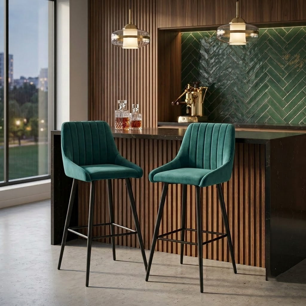 PRITI Home Green Upholstered Bar Stool | Modern Counter Height Chair with Metal Legs