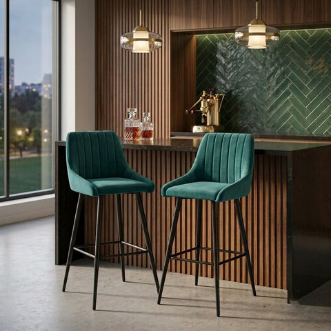 PRITI Home Green Upholstered Bar Stool | Modern Counter Height Chair with Metal Legs