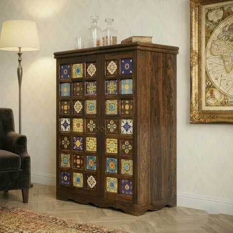 PRITI Home Handcrafted Sheesham Wood Bar Cabinet | Dark Walnut Finish | Home Bar Furniture