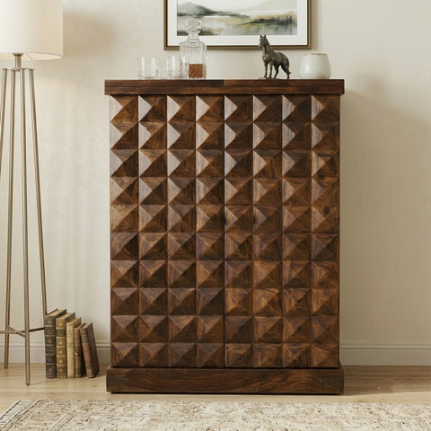 PRITI Home Handmade Sheesham Wood Bar Cabinet | Dark Walnut Wooden Bar Furniture with Storage