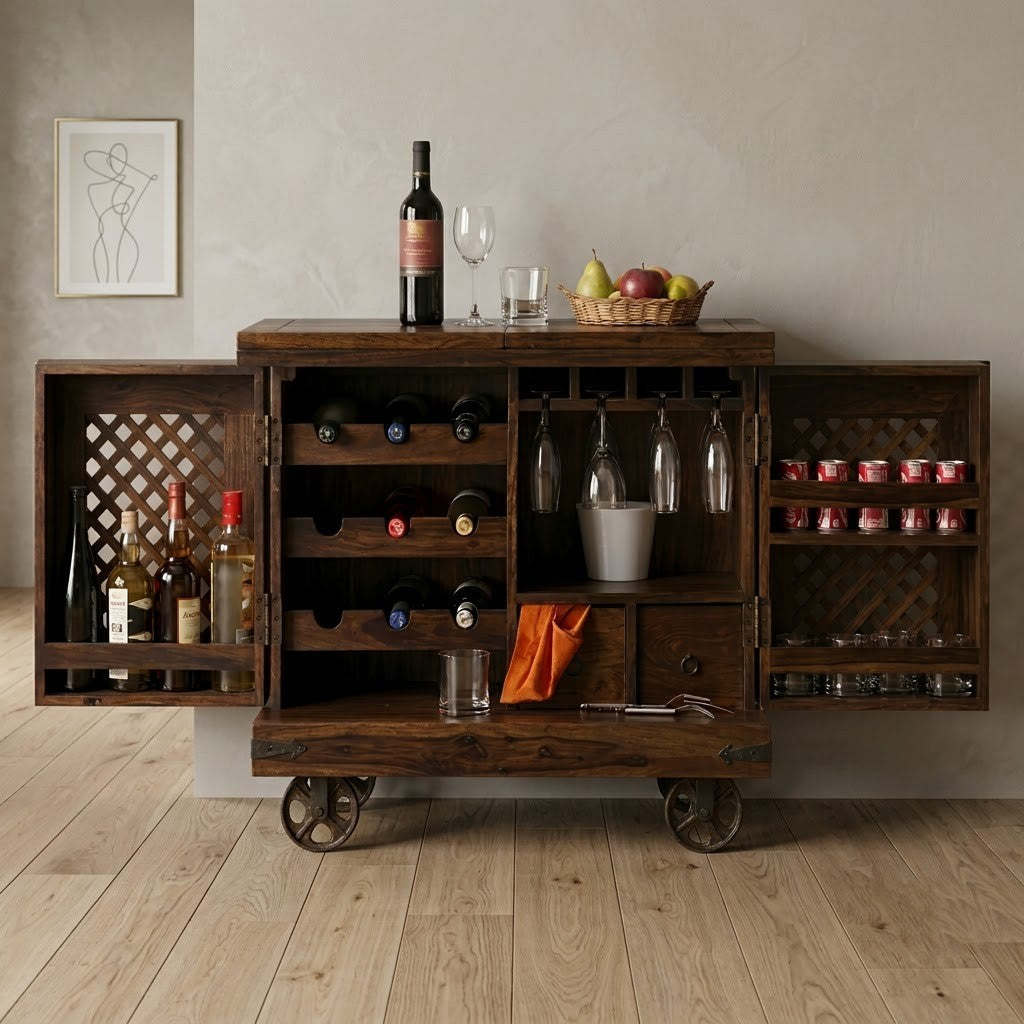 PRITI Home Handmade Wooden Bar Cabinet | Sheesham Wood Jali Bar Unit in Dark Walnut Finish