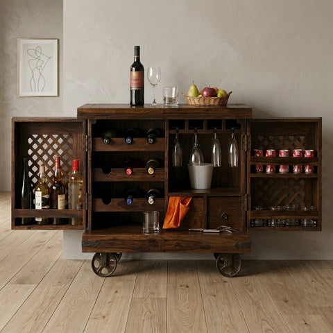 PRITI Home Handmade Wooden Bar Cabinet | Sheesham Wood Jali Bar Unit in Dark Walnut Finish