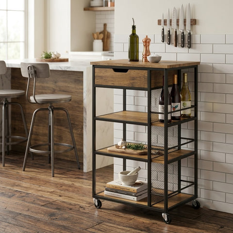 PRITI Home Industrial Kitchen Storage Trolley with Wheels & Wooden Top
