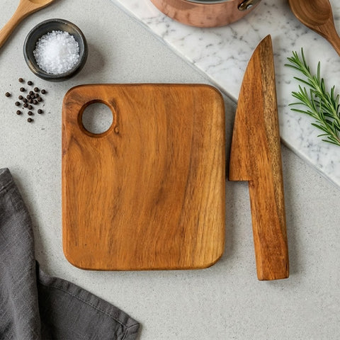 PRITI Home Kids Acacia Wood Cutting Board with Wooden Knife