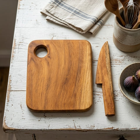 PRITI Home Kids Cutting Board with Safe Wooden Knife | 8 x 8 Inch