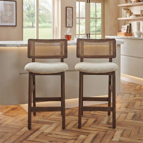 PRITI Home Luxury Cream Boucle Counter Stool – Dark Walnut Sheesham Wood