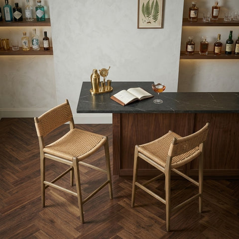 PRITI Home Luxury Cream Boucle Kitchen Counter Stool – Dark Walnut Finish