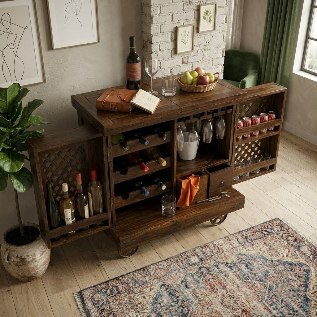PRITI Home Luxury Sheesham Wood Bar Cabinet | Solid Wood Jali Home Bar Furniture with Storage