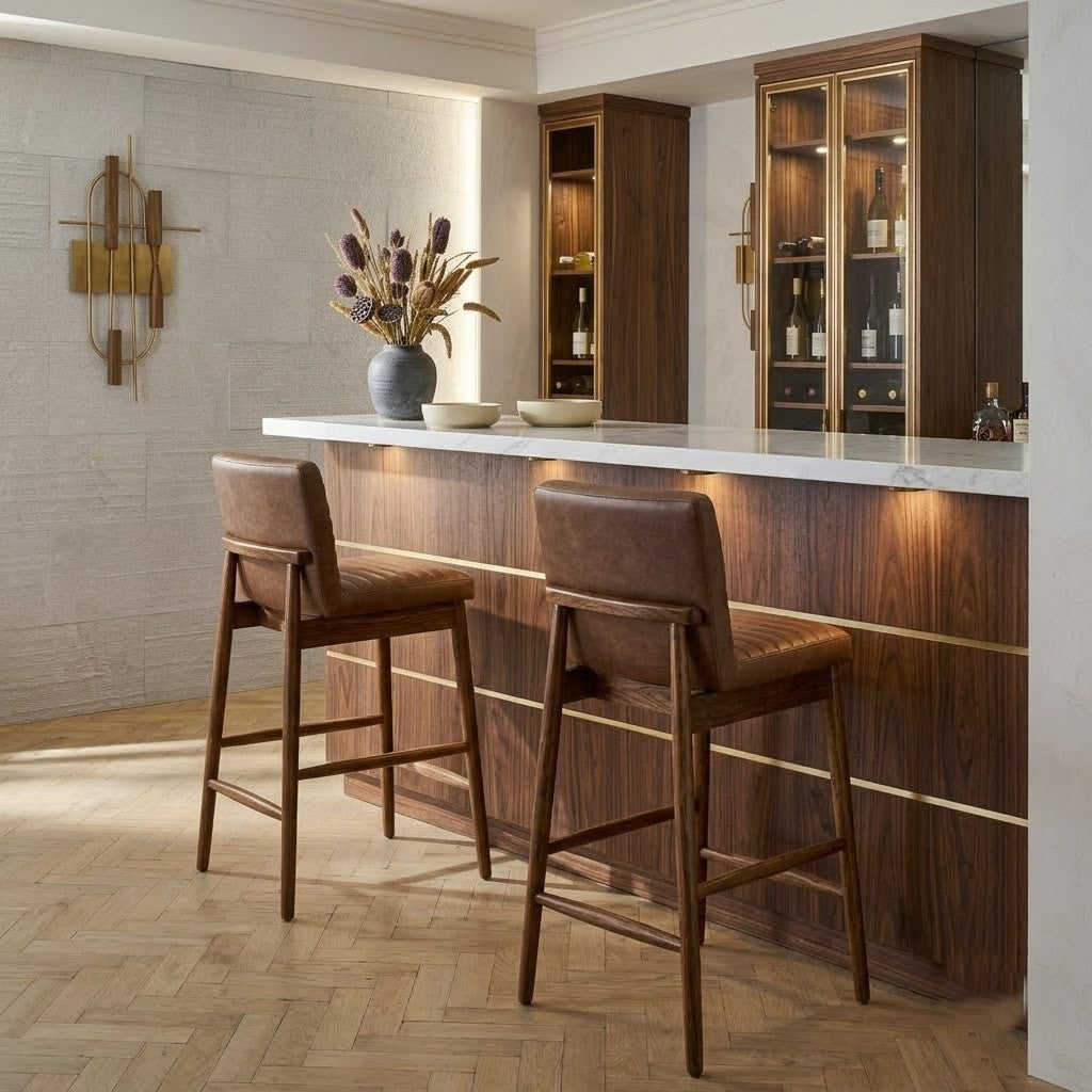 PRITI Home Luxury Upholstered Bar Stool in Distressed Tan Faux Leather with Wooden Legs
