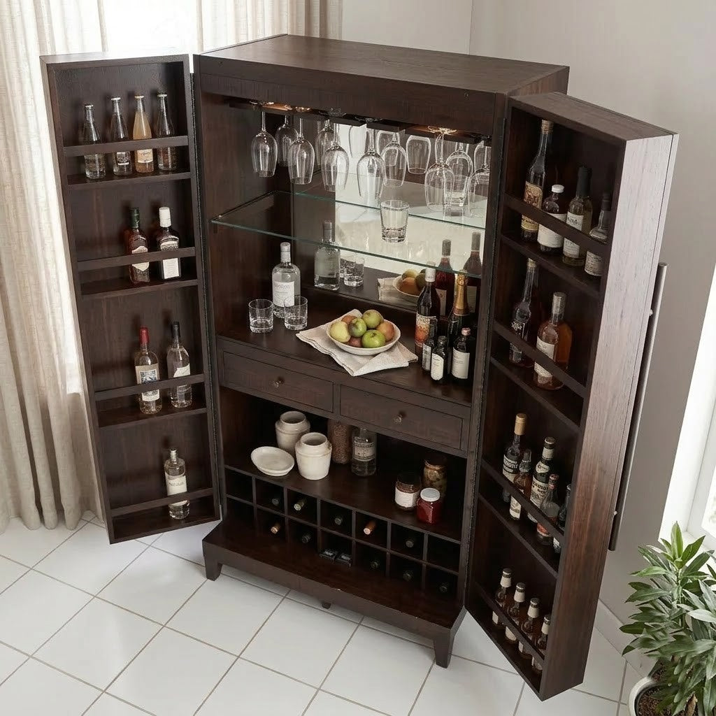 PRITI Home Luxury Wooden Bar Cabinet | Handmade Sheesham Wood Bar Unit with Wine & Glass Storage
