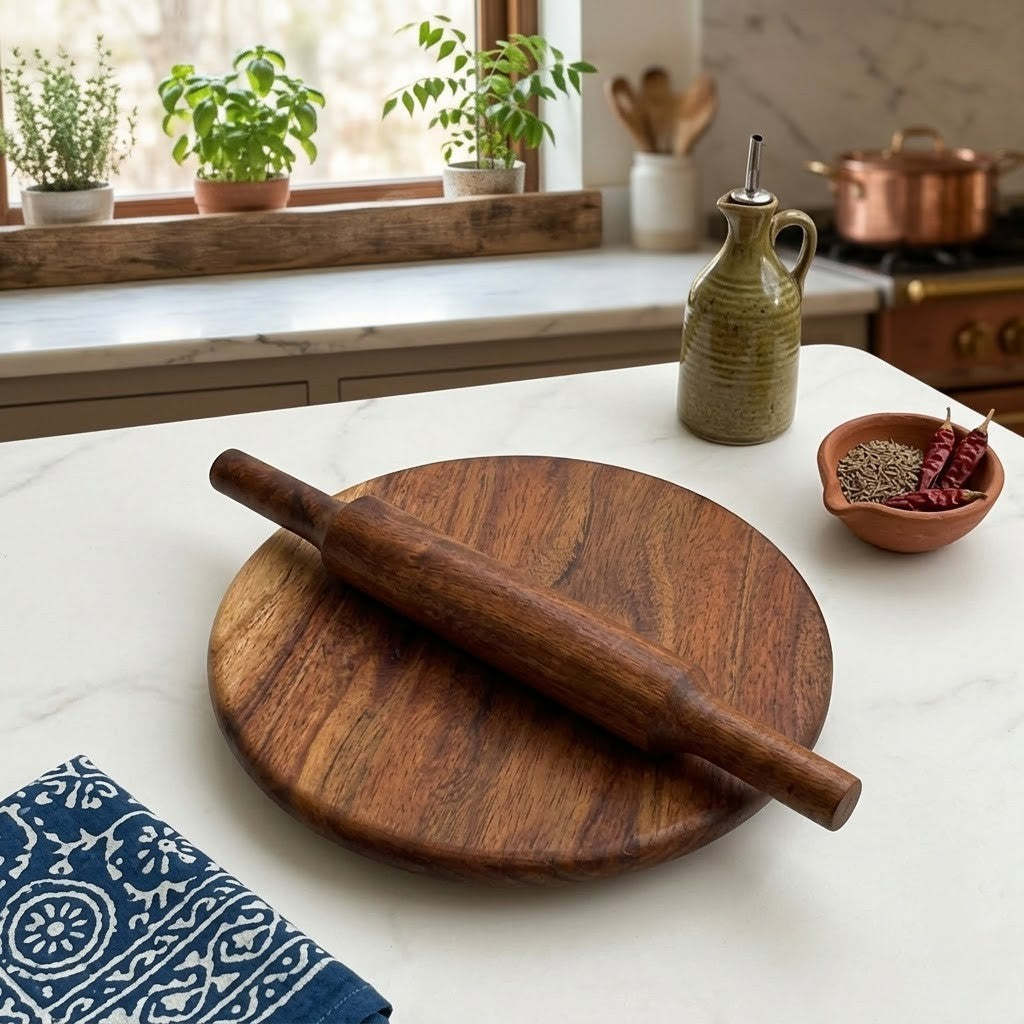 PRITI Home Mango Wood Chakla Belan Set | Wooden Rolling Board & Pin