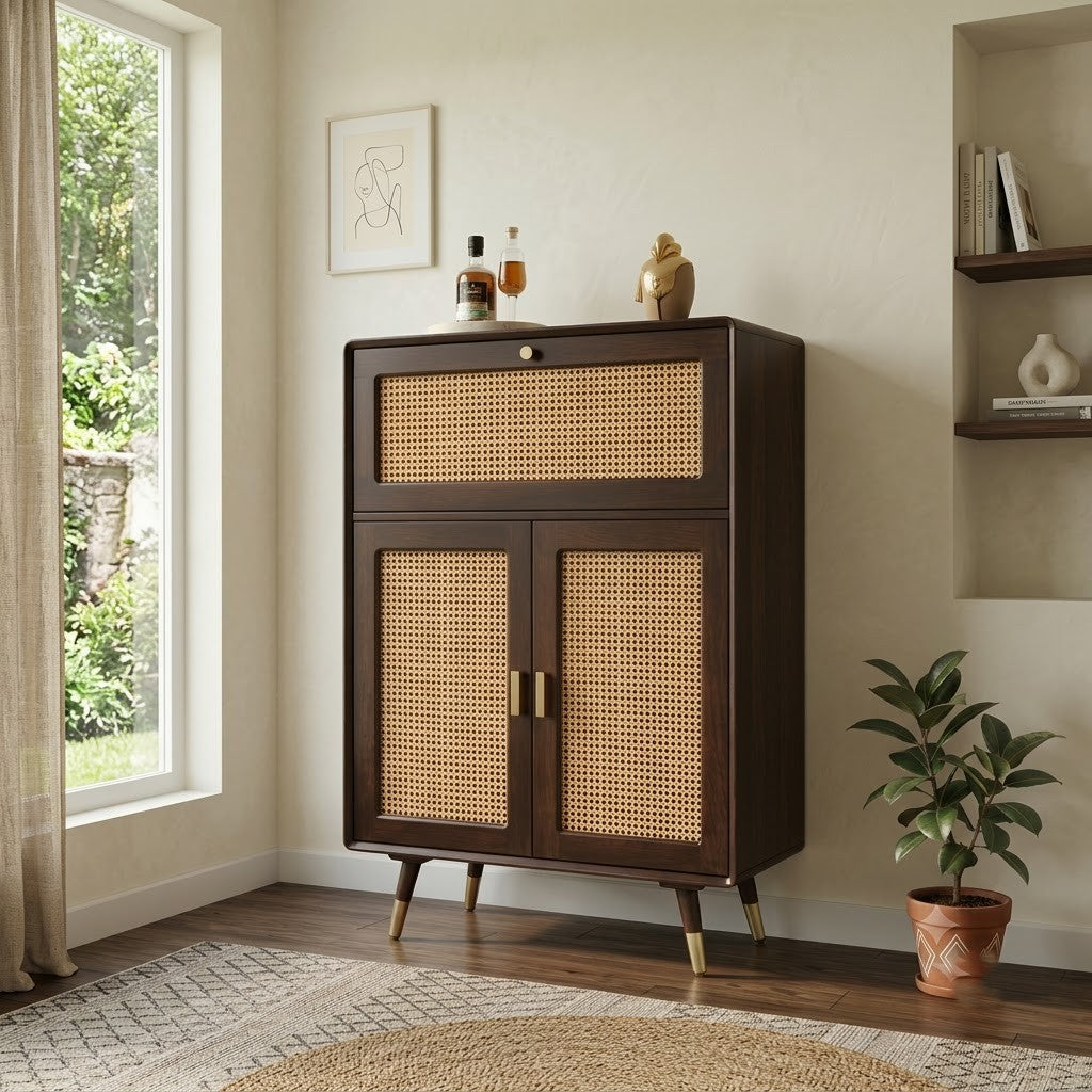 PRITI Home Mango Wood Drinks Cabinet with Rattan Cane Doors