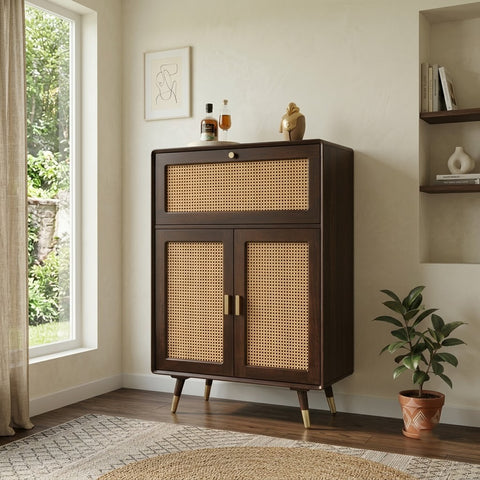 PRITI Home Mango Wood Drinks Cabinet with Rattan Cane Doors