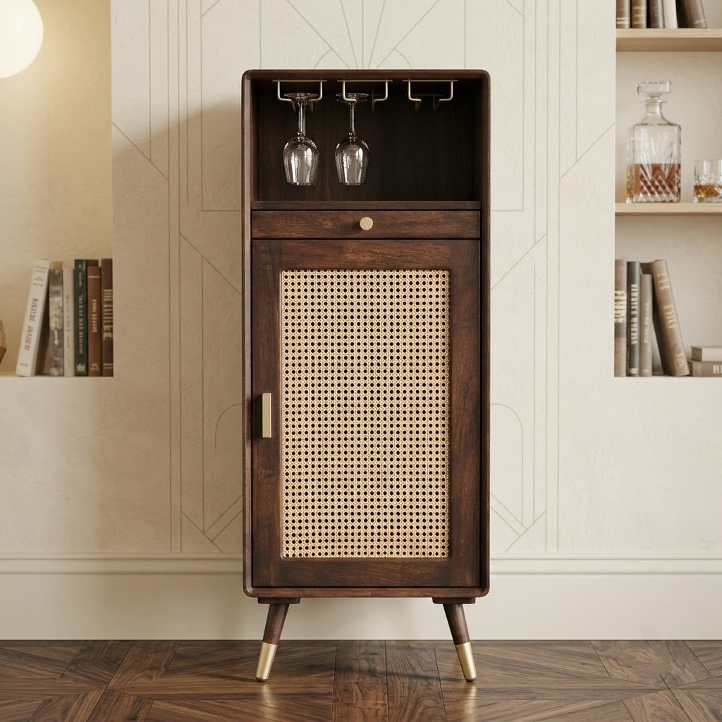 PRITI Home Mango Wood Mini Bar Cabinet with Rattan Cane Door