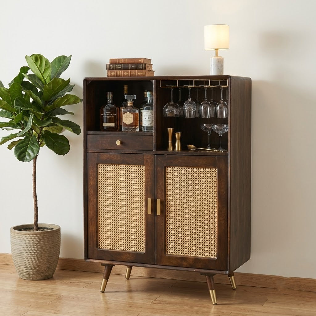 PRITI Home Mango Wood Rattan Cane Bar Cabinet with Glass Holder