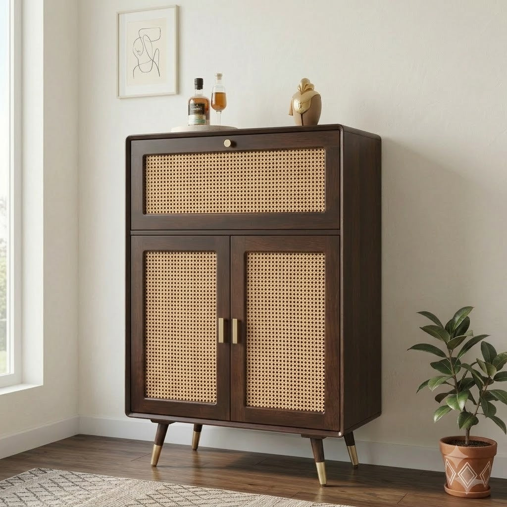 PRITI Home Modern Rattan Cane Bar Cabinet for Living & Dining Room