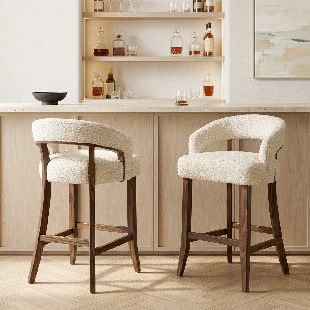 PRITI Home Modern Sheesham Wood Counter Height Bar Stool in Crème Bouclé Fabric