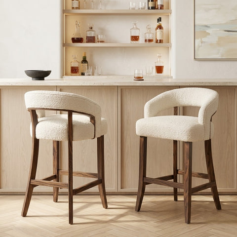 PRITI Home Modern Sheesham Wood Counter Height Bar Stool in Crème Bouclé Fabric