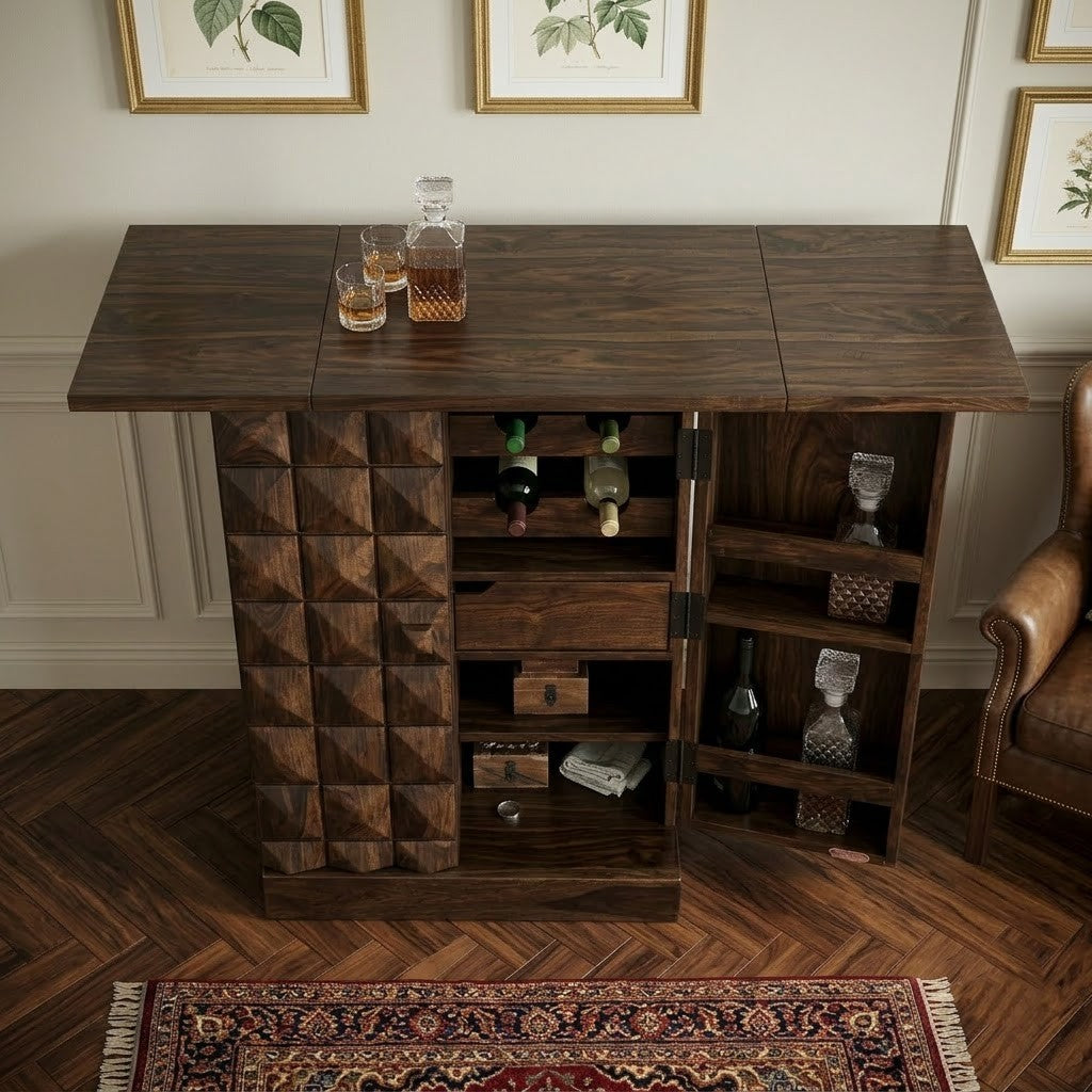 PRITI Home Modern Solid Wood Home Bar Cabinet with Fold-Out Counter