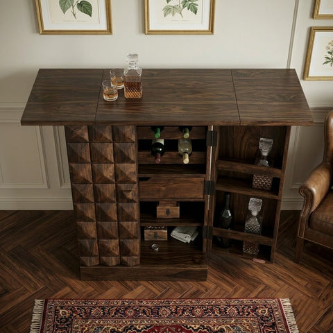 PRITI Home Modern Solid Wood Home Bar Cabinet with Fold-Out Counter