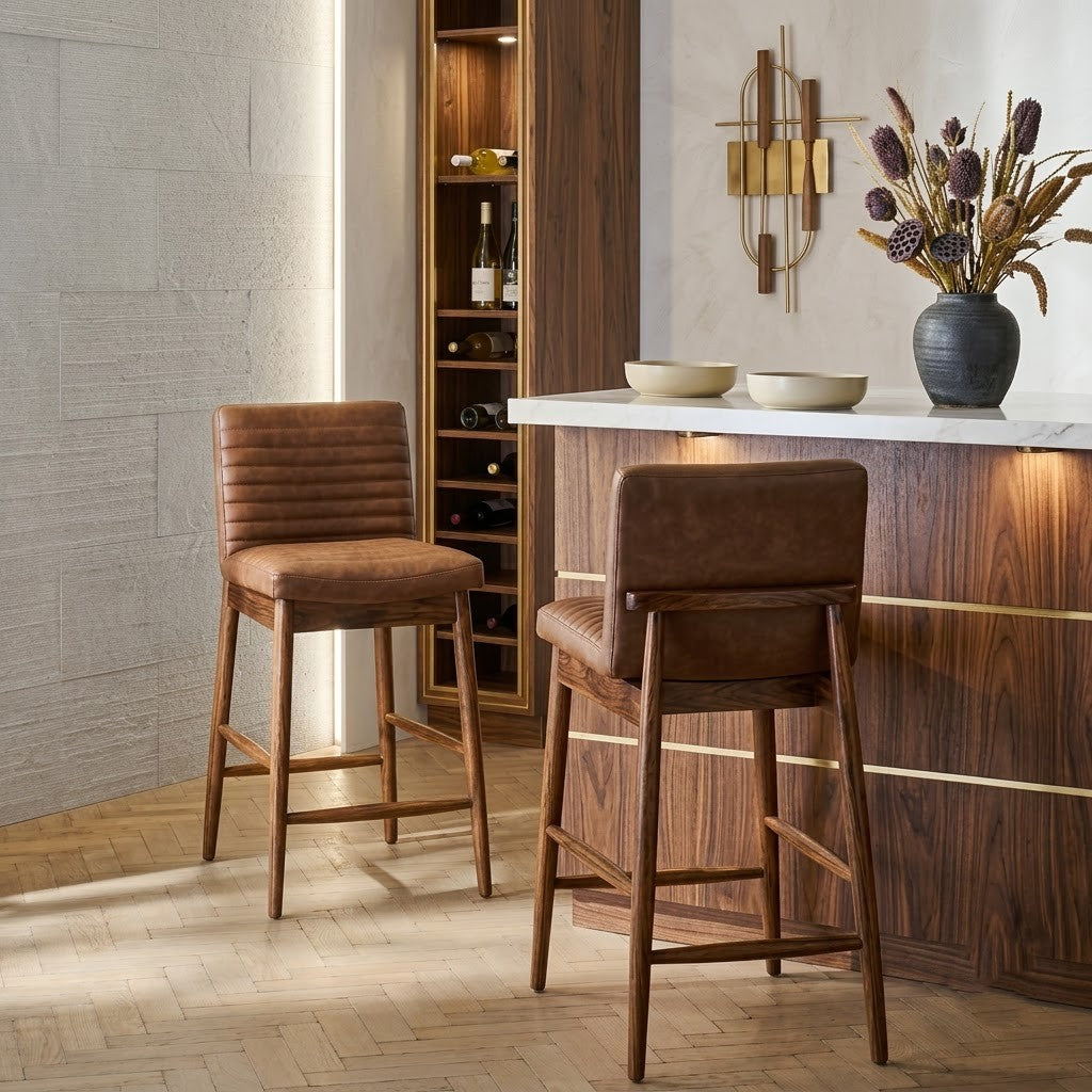 PRITI Home Modern Tan Faux Leather Bar Stool | Upholstered Counter Height Kitchen Chair