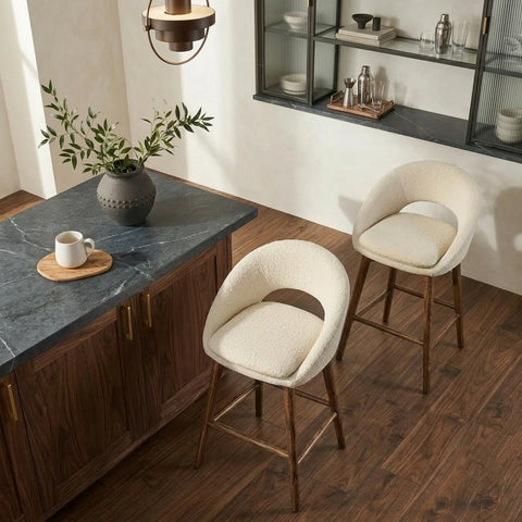 PRITI Home Modern Upholstered Bar Stool – Cream Boucle Seat with Walnut Wood Legs
