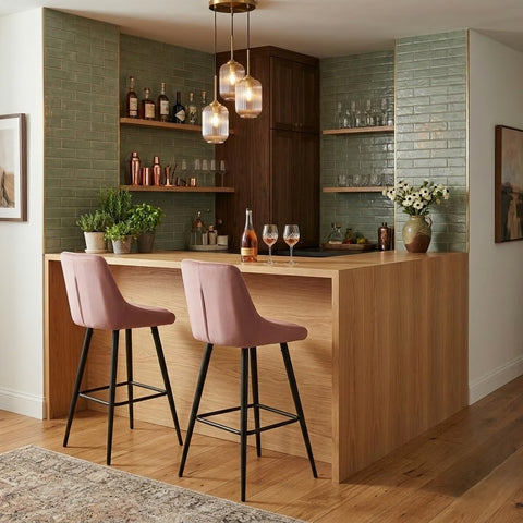PRITI Home Pink Counter Height Bar Stool | Comfortable Upholstered Chair for Kitchen & Home Bar