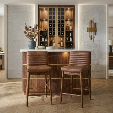 PRITI Home Premium Faux Leather Bar Stool with Solid Oak Wood Legs | Modern Kitchen Counter Chair