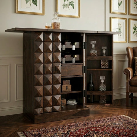 PRITI Home Premium Wooden Bar Cabinet with Wine Rack & Storage Shelves