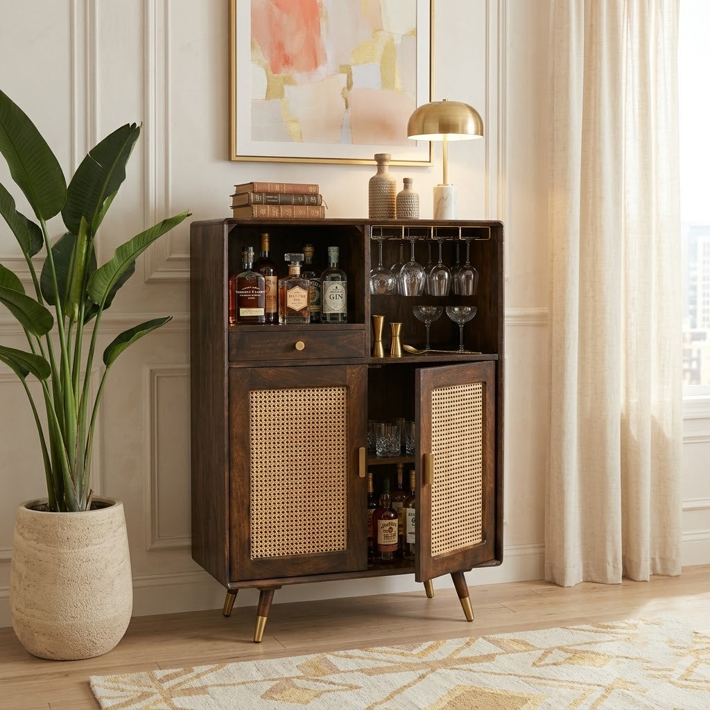 PRITI Home Rattan Cane Drinks Cabinet with Mango Wood Storage