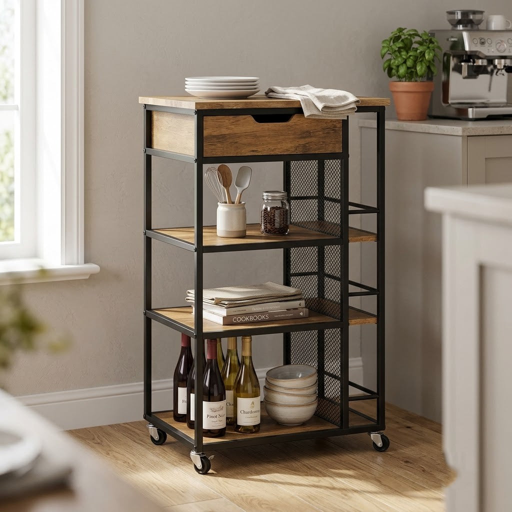 PRITI Home Rolling Kitchen Island Cart with Drawer, Shelves & Metal Frame