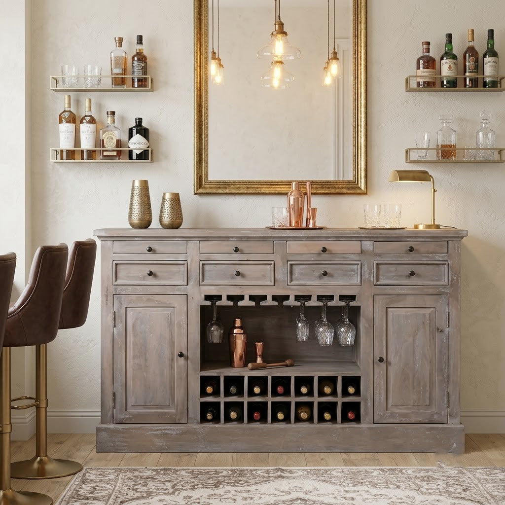 PRITI Home Rustic Brown Bar Cabinet | Wooden Drink Cabinet with Bottle & Glass Storage