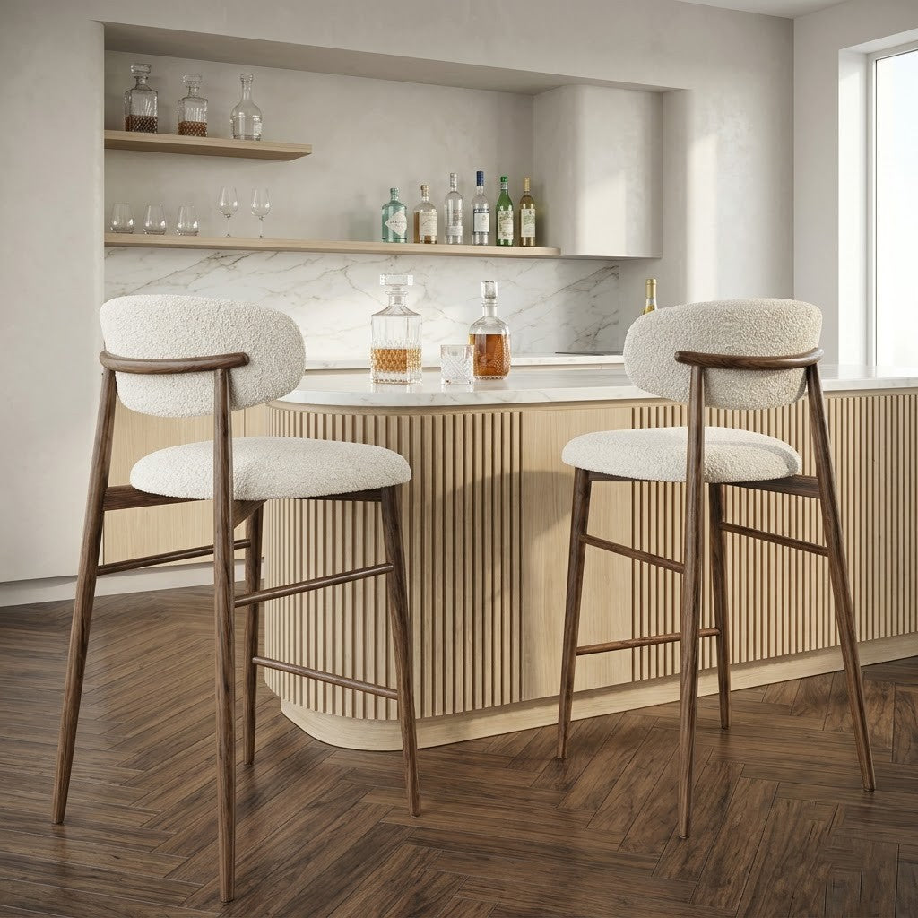 PRITI Home Set of 2 Upholstered Kitchen Stools – Cream Boucle & Dark Walnut Wood