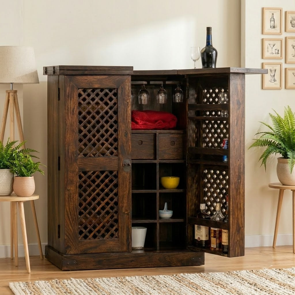 PRITI Home Sheesham Wood Bar Cabinet | Dark Walnut Wooden Drinks Cabinet with Bottle & Glass Storage