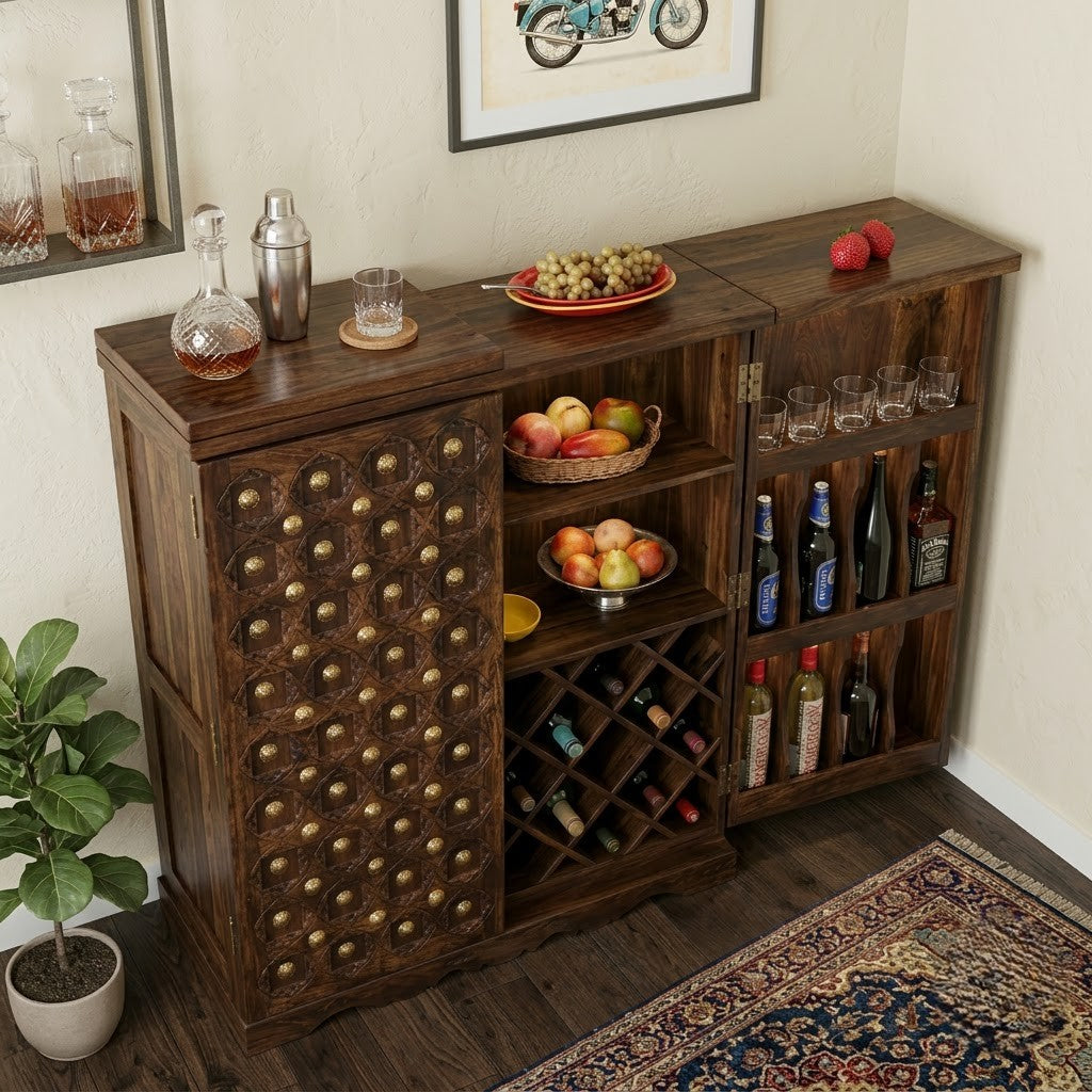 PRITI Home Sheesham Wood Bar Cabinet | Luxury Wooden Home Bar Unit