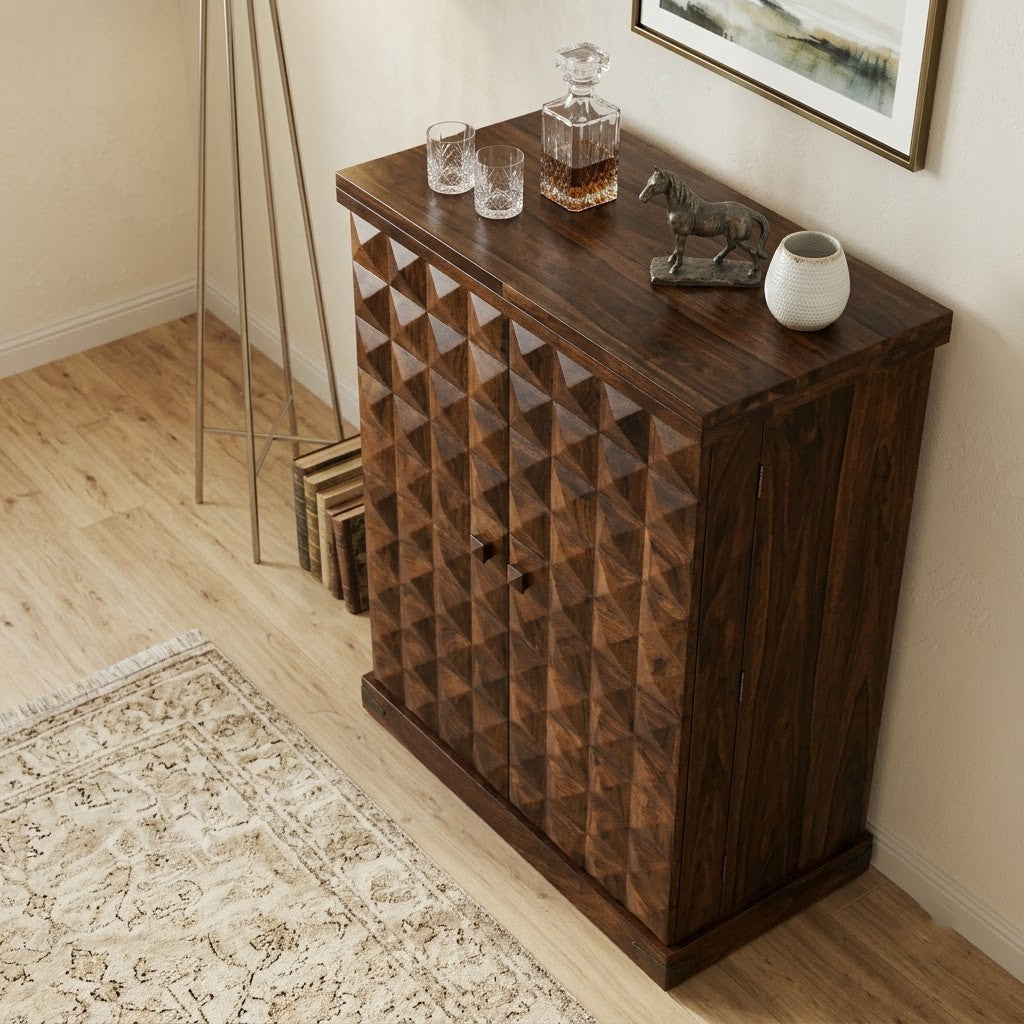 PRITI Home Sheesham Wood Bar Cabinet | Luxury Wooden Home Bar Unit with Dark Walnut Finish